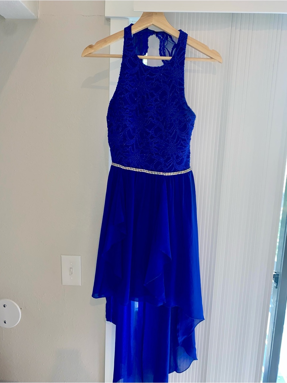 City Studio Royal Blue Lace High-Low Dress with Rhinestone Waist